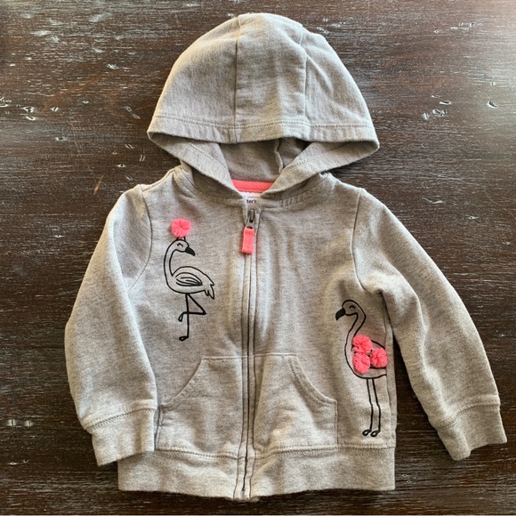 3/$12 Grey Zip Up Hoodie with Flamingo Design - Picture 1 of 5